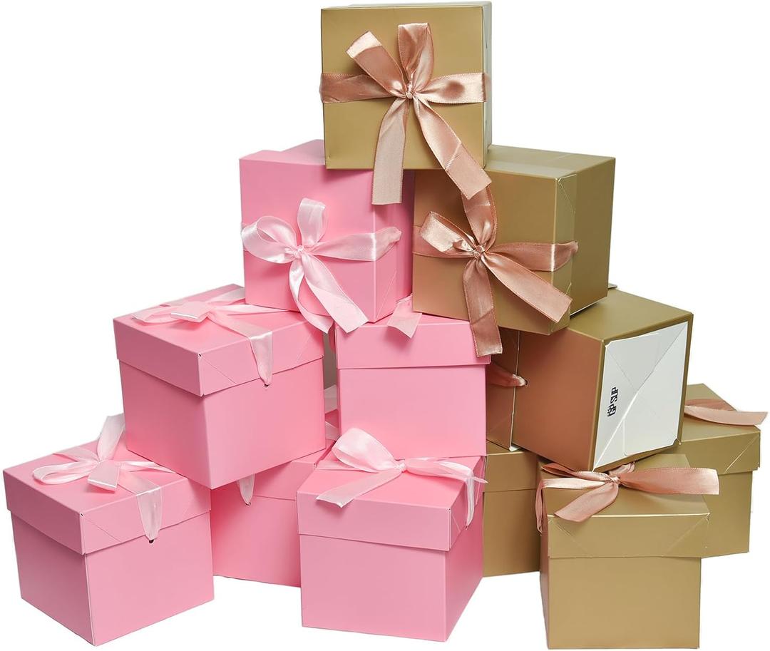 6 Gold & 6 Pink Gift Boxes with Lids,12 Pcs,10x10x10cm Beautiful Squared Boxes with Ribbons and Lids Perfect for Mother's Day Father's Day, New Year Gift Box4x4x4 Inch