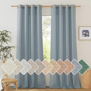 NICETOWN Flax Semi Sheer Stone Blue Linen Curtains for Living Room, Grommet Vertical Drapes Thick Linen Curtains Privacy Added with Light Filtering for Villa/Bedroom, W55 x L96, 1 Pair