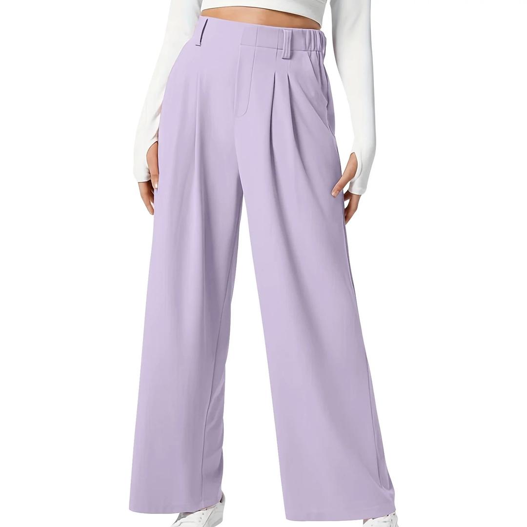 onlypuff Womens Business Pants Wide Leg High Waisted Capris Straight Long Work Trousers with Pockets, Purple, Medium