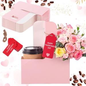 20 Pack 2 Cup Drink Carrier with Handle Kraft Paperboard Cup Holder Portable for Valentine Mother's Day Teachers' Day for Hot Cold Drinks Coffee Caddy with Heart Card Rope (Pink)
