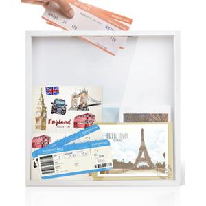 Adventure Archive Box, 12 x 12 Inch Travel Box for Memories, Travel Shadow Box Frame with Slot, Adventure Box, Keepsake Display Case, Perfect for Travel Memento Display Case Travel Decor Gift (White)