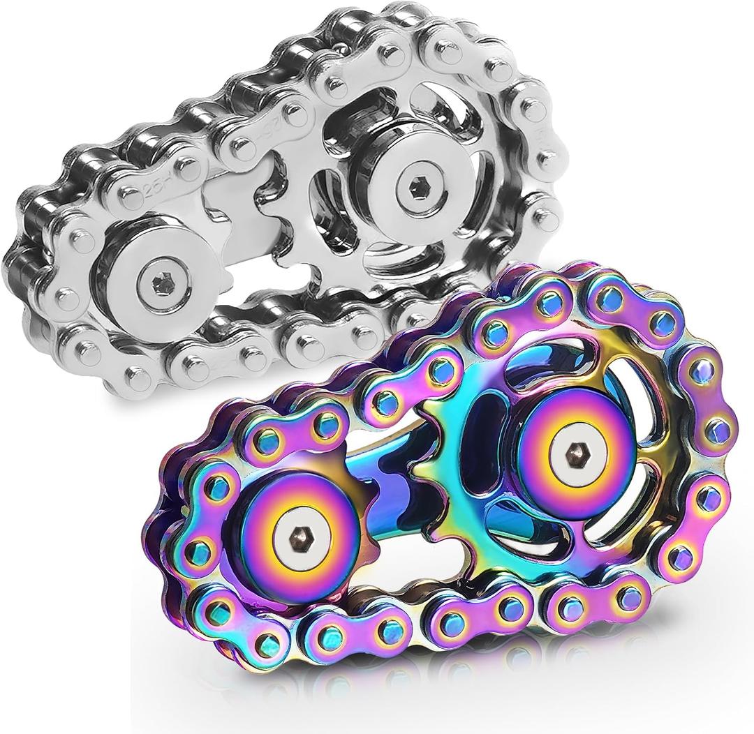 Metal Fidget Spinner Toys for Teens Boys Adults Bike Chain Roller Gadgets ADHD Figette Anxiety Stress Relief Items Quiet Figet Desk Offices EDC Men Easter Basket Stuffer - Rainbow+Silver