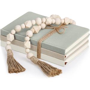 Feifeiya 3 Pieces Faux Decorative Books Set for Home Decor Fake Book for Shelves Coffee Table Stacked Linen Covered Display Notebook with Wood Bead Bookend Gift for Living Room(Light Green)