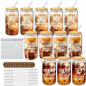 12 Set Social Worker Appreciation Gifts Bulk Christmas Gifts for Social Worker Employee Coworker Team Staff Thank You Gifts Glass Cups 16 oz with Lids Straws Brushes and Gift Cards, 16.9 Ounces