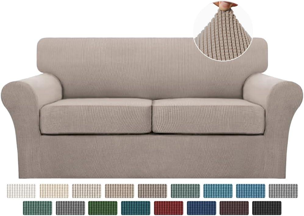 Turquoize 3 Piece Sofa Covers for 2 Cushion Couch Sofa Slipcover Soft Couch Cover for Dogs-Washable Sofa Furniture Covers with 2 Individual Cushion Covers (2 Cushion Sofa, Sand)