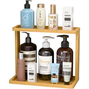 PEKER Bamboo Bathroom Organizer Countertop Small Vanity Storage Shelf for Makeup, Perfume, Skincare Natural Cosmetics Display Rack for Dresser, Sink, Kitchen Natural