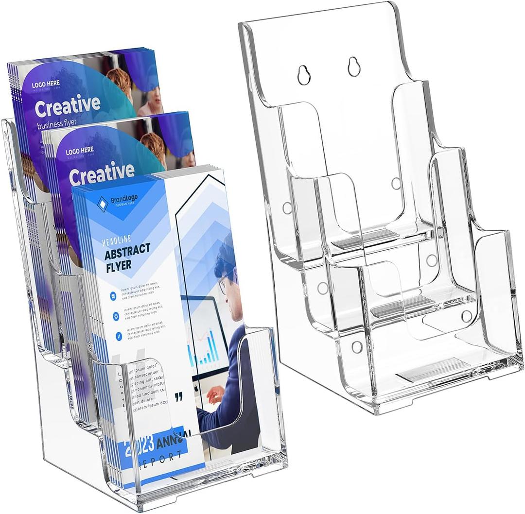 KTRIO 3 Tier Acrylic Brochure Holder 4x9 Inches 2 Pack, Clear Trifold Brochure Display Stand Plastic Pamphlet Holder for Flyer, Literature, Bookmark, Catalogs, Countertop or Wall Mount Use