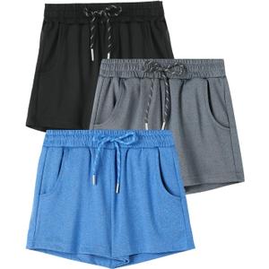 Kids Girls Dry-Fit Active Athletic Shorts, 3 Pack Casual Soft Girls Running Soccer Bike Biker Shorts with Drawstring & Pockets, Grey, Black, Blue, Size 4-5 Years