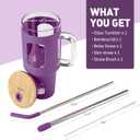 WINSA Glass Tumbler with Straw and Lid, 40 oz glass cup with handle, Glass Water Bottles with Time Marker, Silicone Protective Sleeve-Dark Purple