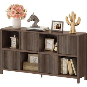 FATORRI 8 Cube Storage Organizer Bookshelf with Storage, Horizontal Bookcase with 4 Doors, Long Wooden Book Shelf for Living Room, Home Office (Dark Walnut)