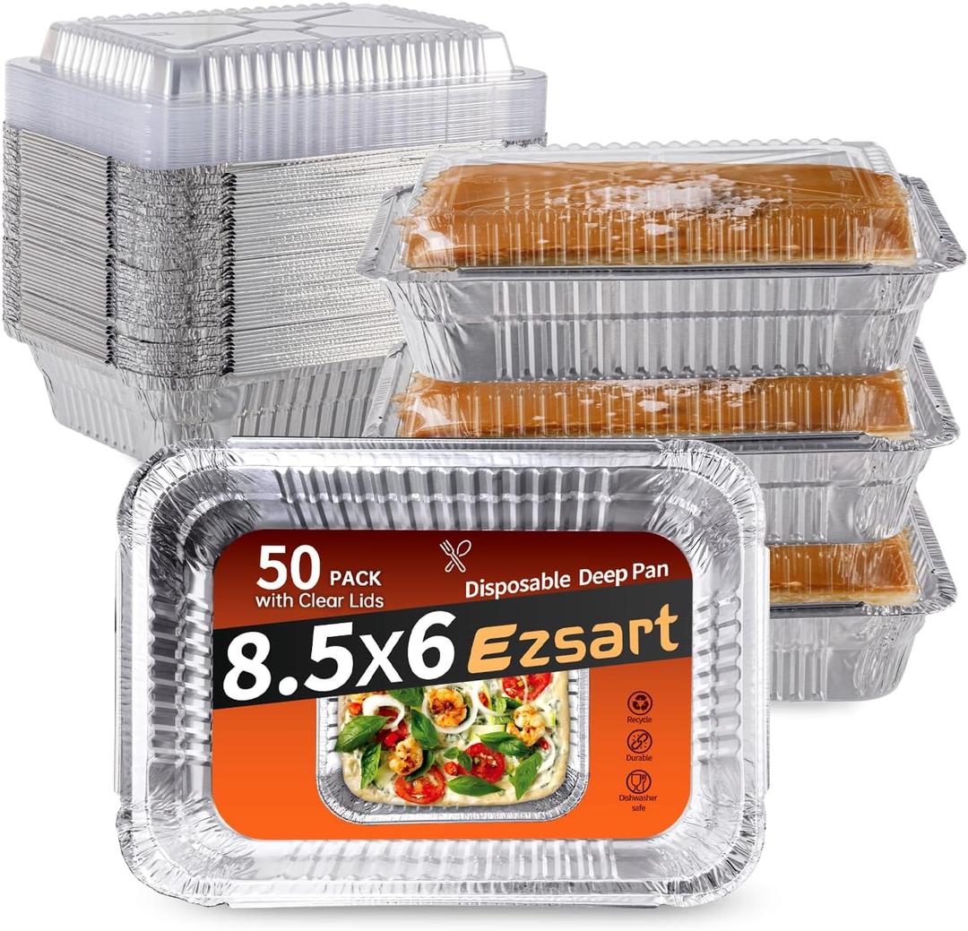 Ezsart Aluminum Pans with Clear Lids - 50 Pack 2.25LB Capacity Disposable Pans with Plastic Dome Lids, 8.5x6 Heavy Duty Tin Foil Pans for Cake Baking, Cooking, Heating, Storing, Prepping Food