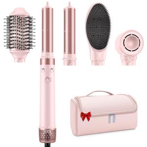 Dual Voltage Hair Dryer Brush - 5 in 1 Hair Air Wrap Styler with High-Speed Blow Dryer, Drying, Straightening & Volumizing with Negative Ion Anti-frizz for 110V-120V/220V-240V Europe and Travel Case (Pink)