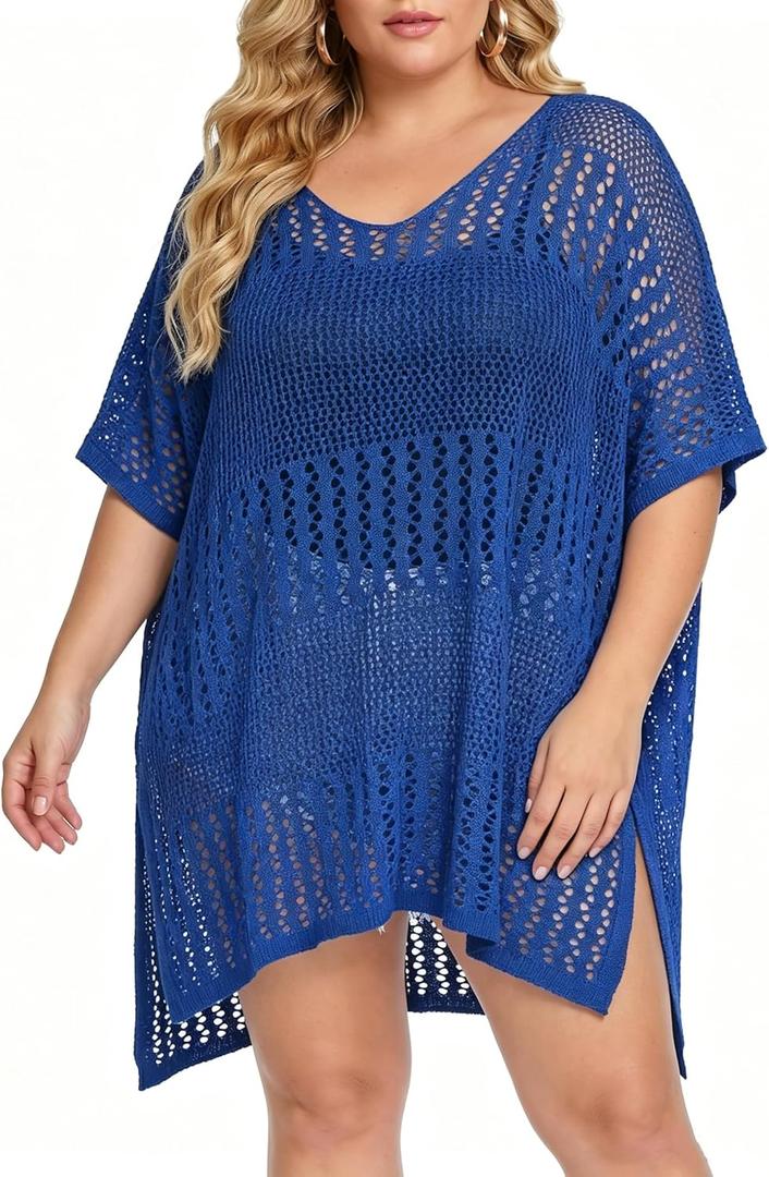 Chalier Swimsuit Coverup for Women Crochet Beach Cover Ups Hollow Out Plus Size Bathing Suit Cover Up Swim Dress (XL)
