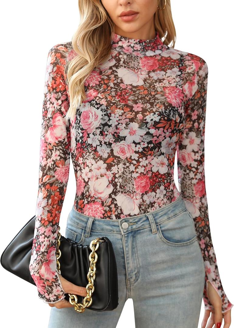 Ugerlov Womens Lace Long Sleeve Mesh Top Floral Mock Neck See Through Going Out Top with Thumb Hole Party Outfits Shirts (S)