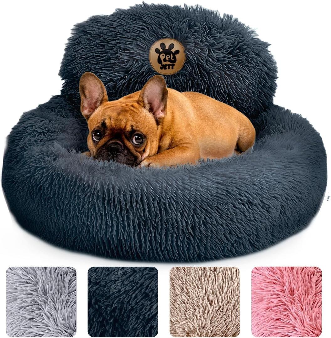 PetJett Calming Small Dog Bed - 23'' Round Dog Beds, Anti-Slip & Washable Puppy Bed - Super Soft Fluffy Plush Faux Fur Pet Bed, Anti-Anxiety Premium Comfort Donut Bed, Fits Dogs upto 25 lbs, Dark Gray