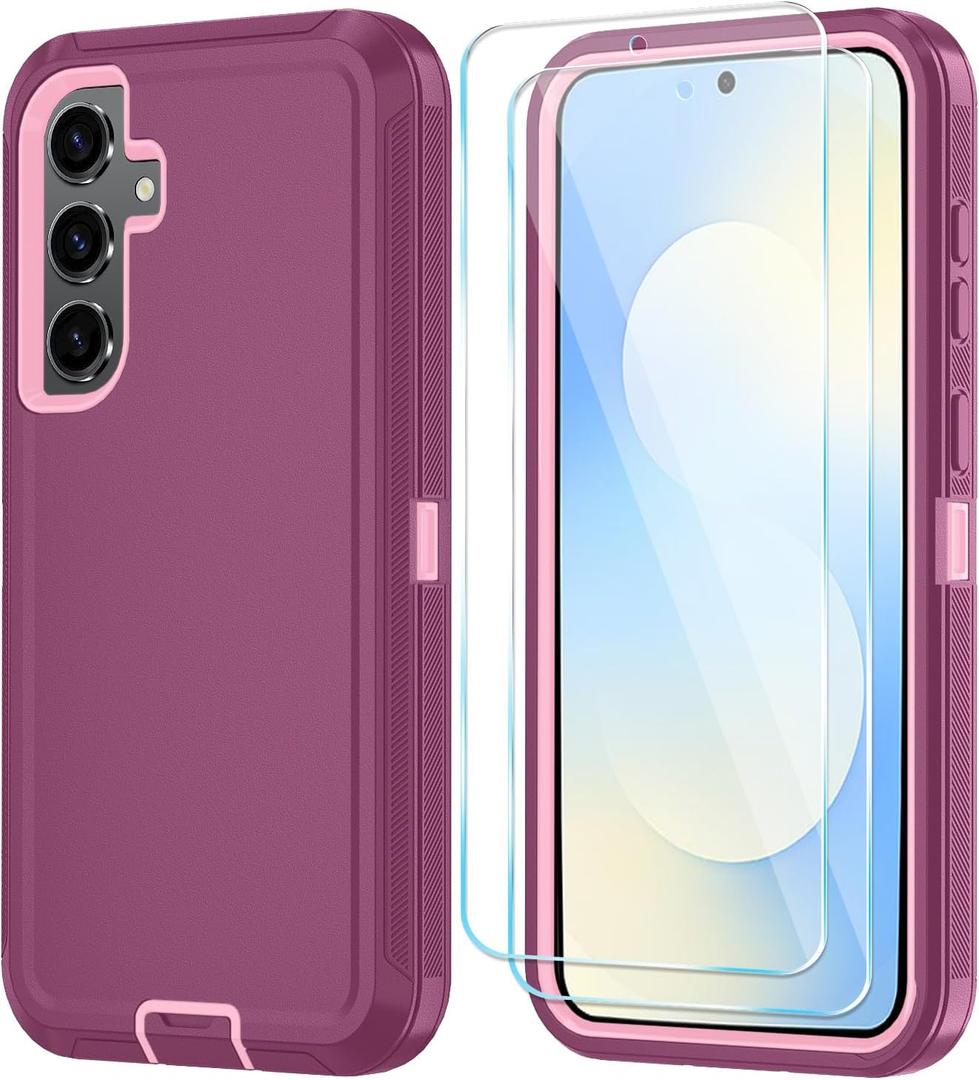 ONOLA Phone Case for Samsung Galaxy S25 FE Case with HD Screen Protector, Heavy Duty Shockproof & Dropproof 3-Layer Cover Phone Case for Galaxy S25 FE 6.7'',WineRedPink