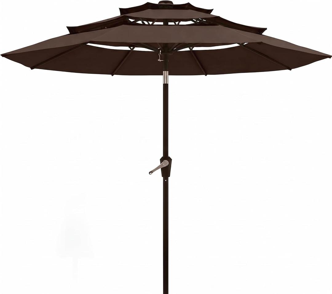 10FT Patio Umbrella 3 Tiers Outdoor Market Umbrella w/Push Button Tilt, Crank, UV and Waterproof Table Umbrella for Garden, Pool, Backyard, Deck, Lawn, Brown