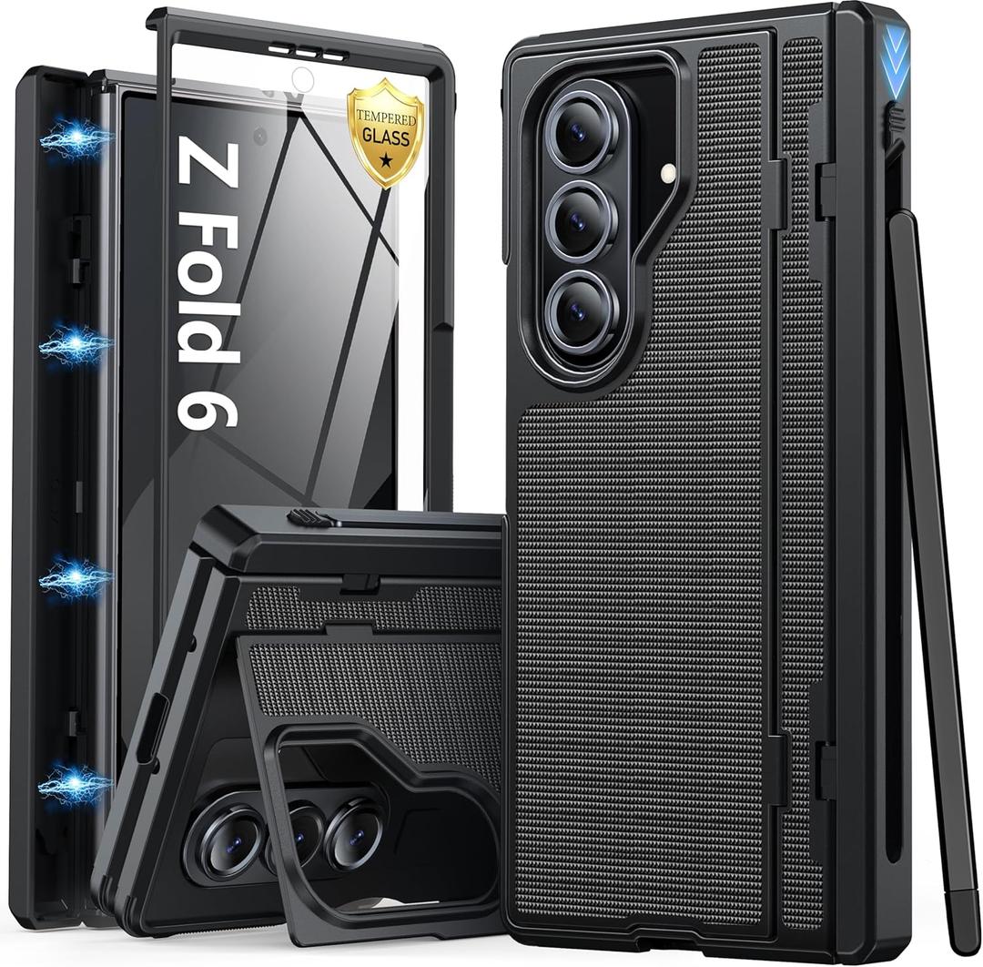 Oterkin for Samsung Galaxy Z Fold 6 Case Built-in Screen Protector [Thinner S Pen Holder & Kickstand] [Hinge Protection] Full Body Shockproof Phone Case for Z Fold 6, Black