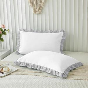 Dual Tone Ruffle Pillow Shams Standard Size Set of 2, 20X26 - Unique Ruffled Fringe Design Pillow Cases Soft & Breathable - Luxurious Decorative Pillow Covers 20X26 - (White-Silver Grey)