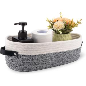 Small Cotton Rope Woven Basket Toilet Paper Baskets for Organizing Decorative Basket for Boho Decor Small Storage Basket 13"x5.9"x4" Variegated Gray&White