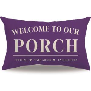 Farmhouse Porch Pillow Cover Double-sided printed Welcome to Our Porch Purpule Rectangular/Waist Cushion Cover Country Rustic Home Decor Pillowcases 12”×20” For Porch Room Couch Decor(Purpule)