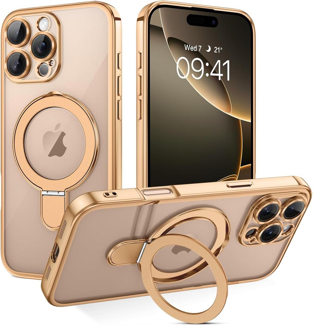 DOMAVER Magnetic Case for iPhone 16 Pro Max 6.9" with Stand [Compatible with Mag Safe] Translucent Slim Back Shockpfoof Protective Soft Cover with Kickstand for iPhone 16 Pro Max 6.9"- Desert Titanium