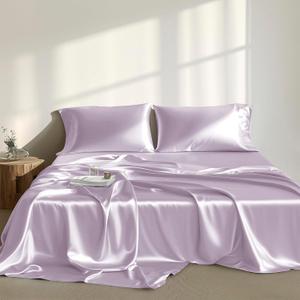 Madison Park Satin Sheets Twin Size, Luxurious Silky Bed Sheets, Elastic 14" Pocket fits up to 16" Mattress, Wrinkle-Free, Soft Satin Bed Sheet Set, Lilac 4 Piece