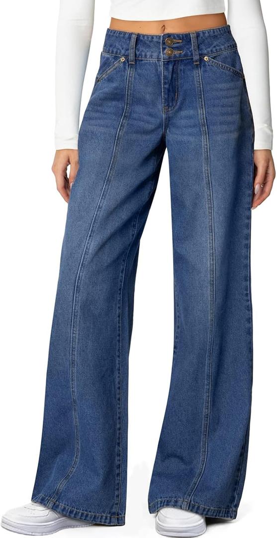 Sidefeel Women's Wide Leg Jeans High Waisted Stretchy Straight Leg Jeans Trendy Seamed Front Loose Denim Pants (16, Blue)