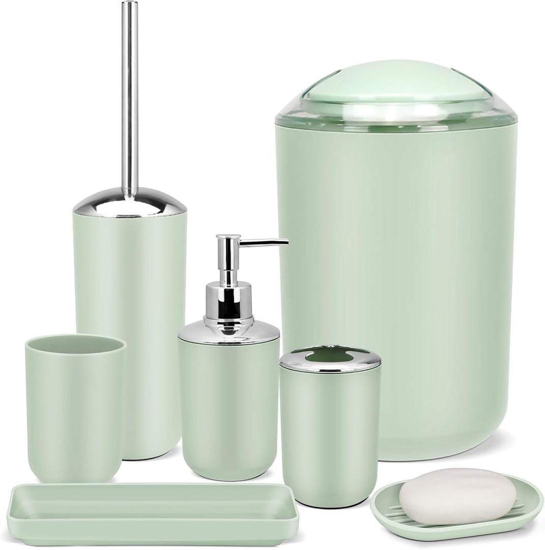 IMAVO Bathroom Accessories Set,Green Bathroom Set,7 Pieces Bathroom Accessory Set,Tray,Toilet Brush,Trash Can for Bathroom Dcor and Housewarming Gifts