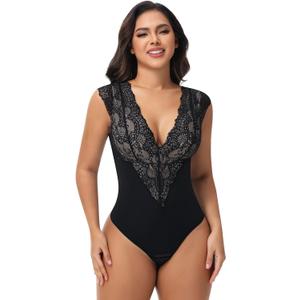 SHAPERIN Sexy Lace Bodysuit for Women Tummy Control Thong Shapewear Deep V Neck Body Suits Corset Tops Going Out Tank Top (Black, L)