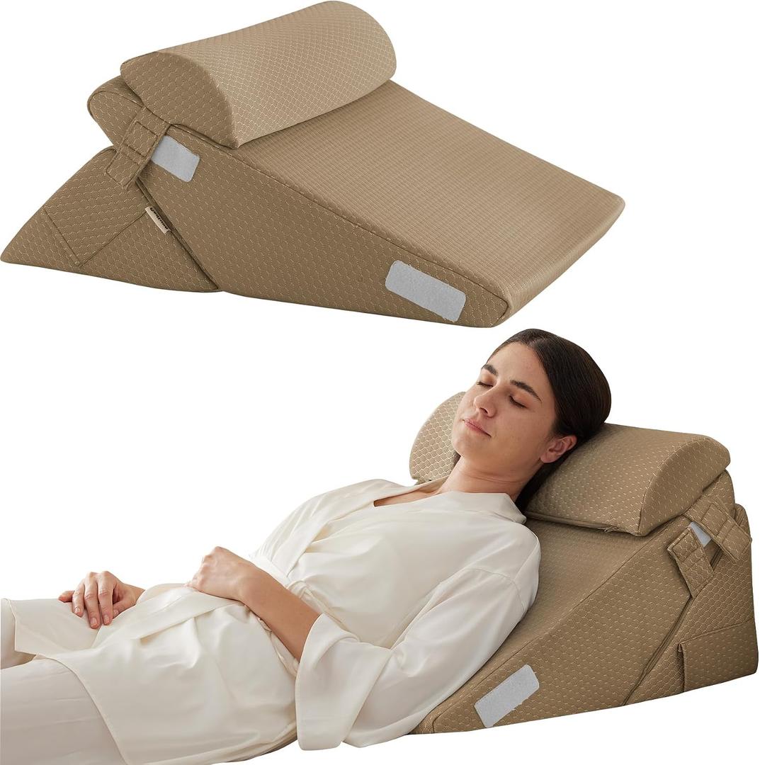 Bedluxe 3Pcs Orthopedic Bed Wedge Pillow Set, Foam Wedge Pillow Post Surgery for Back, Leg and Knee Support, Adjustable 9&12 Inch Folding Triangle Pillow for Sleeping, Acid Reflux, Snoring, Brown, Adjustable 9&12 Inch + 1 Head Pillow