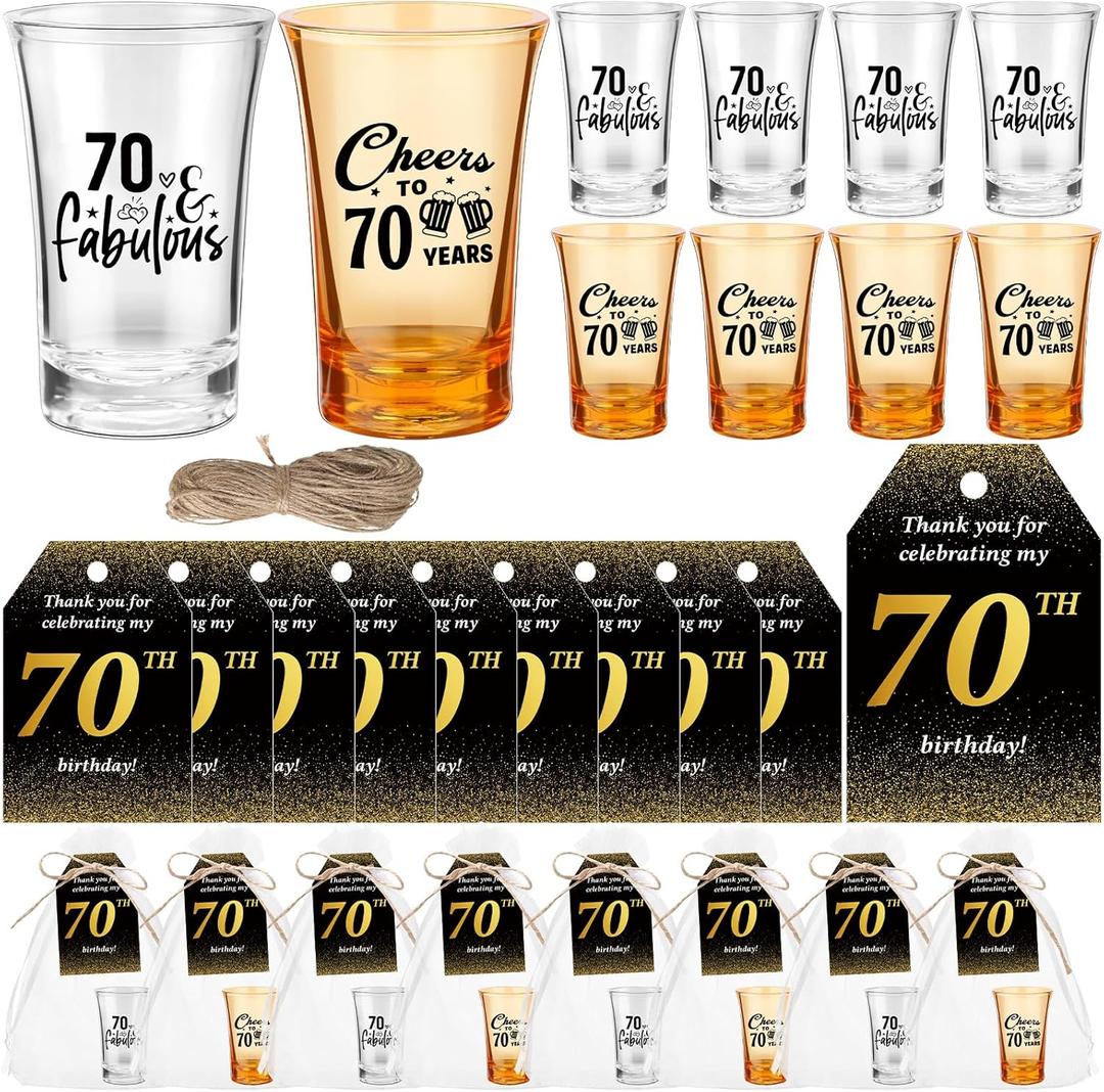 50 Sets Birthday Party Favors for Guests Souvenir Short Glasses Cheers to 70 Years Acrylic Clear Shot Glasses Thank You Tags with Organza Bags Twine for Anniversary Wedding Shower