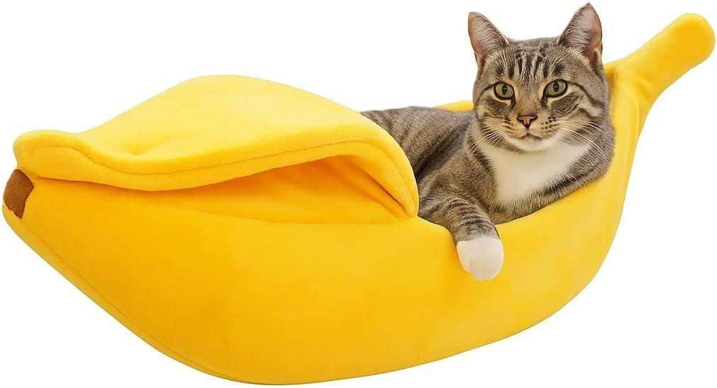 Banana Cat Bed for Cats & Small Dogs Funny Yellow Plush Pet Cave, Indoor Hideaway for Kittens, Puppies, and Small Pets