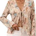 ZAFUL Women's Deep V Neck Tie Front Top Flare Sleeve Plisse Pleated Blouse Shirt Top Y2k Vintage Streetwear (0004-floral Khaki, Small)