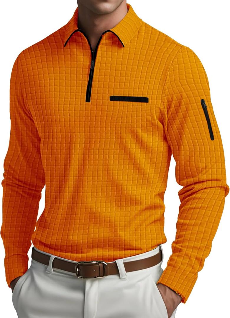 Men's Long Sleeve Polo Shirts Quarter Zip Up Pullover Slim Fit Casual Stylish Golf Shirt for Men Lightweight Tops with Pocket (Large, Orange)