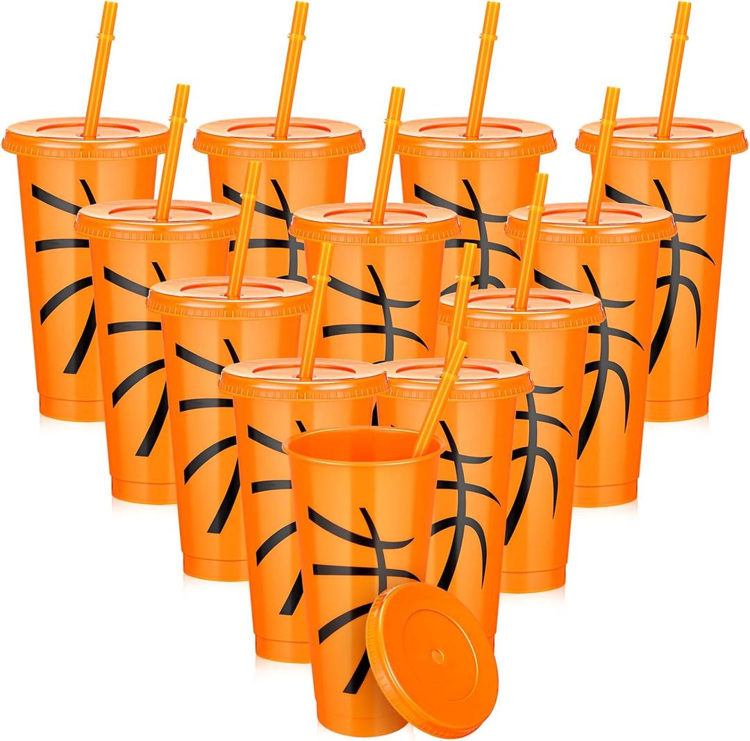 Domensi 12 Pcs Orange Basketball Sport Ball Plastic Tumbler with Lid and Straw 24oz Reusable Plastic Cups Gifts for Fan Friend Birthday Sport Party Gifts Supplies