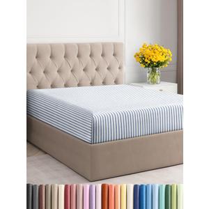Cal King Fitted Bed Sheet - Bottom Single Fitted Sheet Only - Soft Hotel Luxury Bedding w/ 8-16 Inch Deep Pockets - Breathable & Wrinkle Free - Easy-Care, Fade and Shrink Resistant - Blue Stripes 2