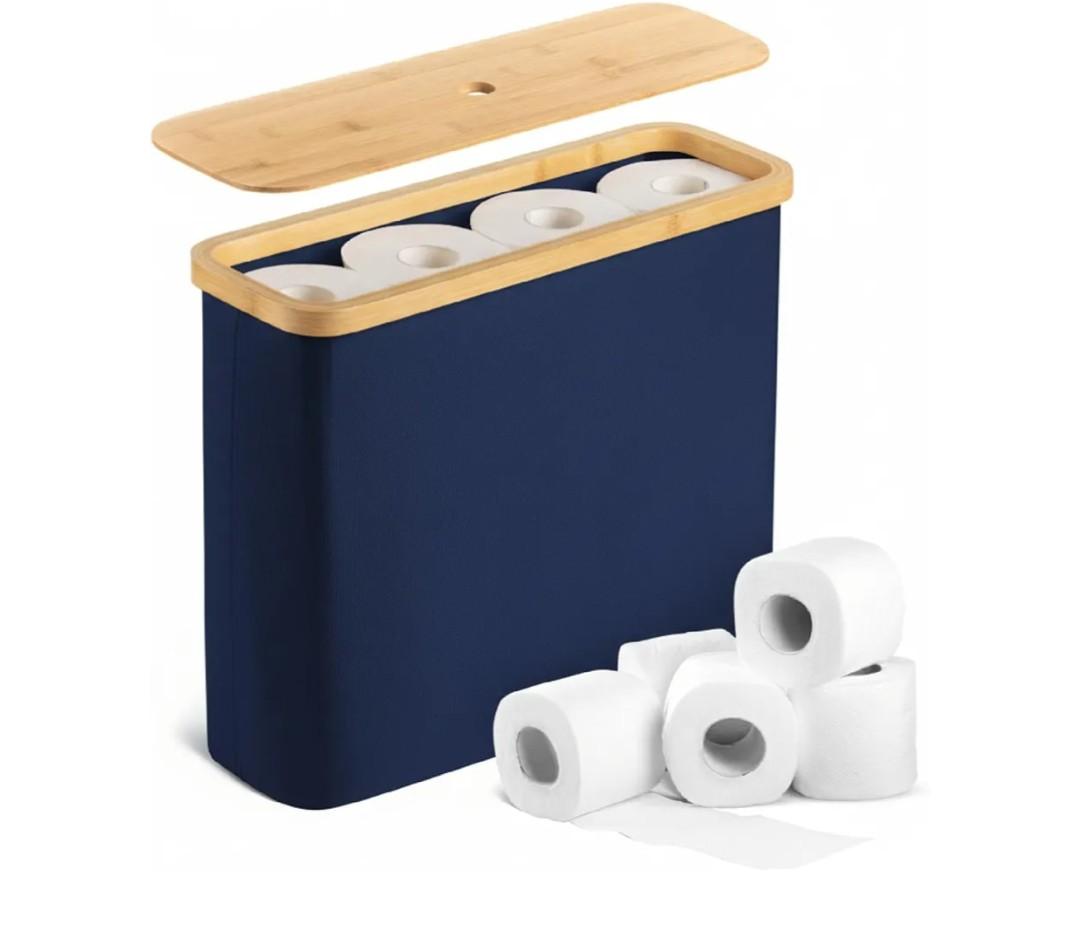 BAMBOO LAND- Toilet Paper Storage with Bamboo Lid for 12 Rolls, Dark Blue, Waterproof Bamboo Toilet Paper Holder Basket