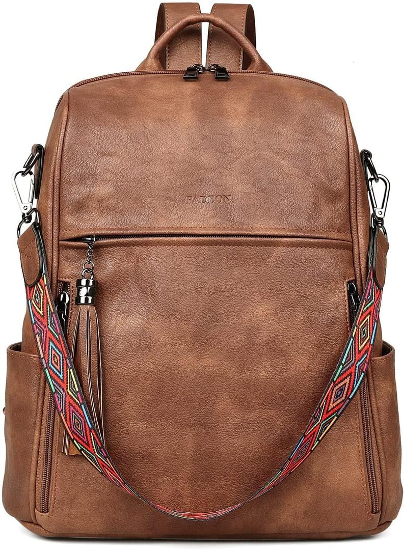 FADEON Leather Backpack Purse for Women Designer Travel Backpack Purses PU Fashion Ladies Shoulder Bag with Tassel Brown