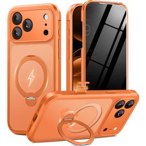 BERFY for iPhone 17 Pro Case, Compatible with MagSafe, Built in Privacy Screen Protector and 360 Spin Magnetic Stand, Anti-Spy Full Body Shockproof Matte Phone Case for 17 Pro 6.3", Orange