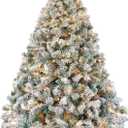 Yaheetech 7.5ft Snow Flocked Pre-lit Christmas Tree with 550 Warm White Lights, 1284 Lush Branch Tips & Quick-Assembly Hinged Design, Full Artificial Xmas Tree for Winter Holiday Dcor, Green & White