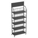 5 Tier Supermaket Snack Rack Heavy Duty, Rolling Retail Display Stand with 15 Hooks & Soild Panel Shelves, Multifunctional Metal Snack Shelf for Store Business