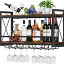 Homeiju Wall Mounted Wine Rack, Bottle & Glass Holder Wood-Metal Retro Wine Rack, Wine Bottles Display Wall Storage for Kitchen Dining Room Home Bar