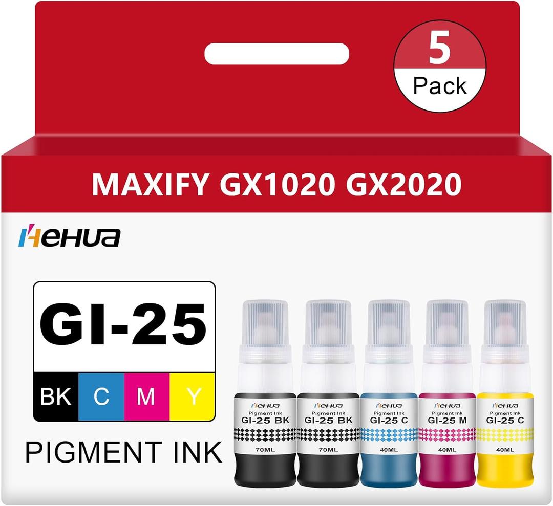 hehua Pigment GI-25 Refill Bottles Ink GI25 (5 Pack, 2B/ C/ M/ Y, 260ml) Replacement for Canon 25 Ink Refill GI-25BK GI25 Work for Canon MAXIFY GX2020 GX1020 MegaTank Printer (2 Black, Cyan, Magenta, Yellow) hehua Pigment GI-25 Refill Bottles Ink GI25 (5 Pack, 2B/ C/ M/ Y, 260ml) Replacement for Canon 25 Ink Refill GI-25BK GI25 Work for Canon MAXIFY GX2020 GX1020 MegaTank Printer (2 Black, Cyan, Magenta, Yellow)
