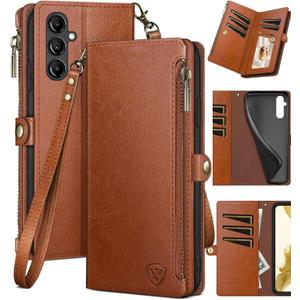 XcaseBar for Samsung Galaxy A14 5G Wallet case with Zipper Credit Card Holder RFID Blocking, Flip Folio Book PU Leather Phone case Shockproof Cover Women Men for Samsung A14 case Light Brown