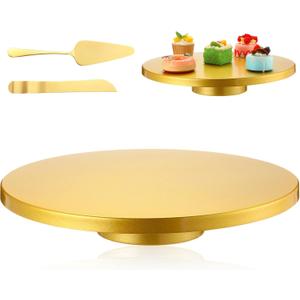 Wenqik 16 Inch Metal Gold Cake Stand with Cake Knife and Spatula, Round Dessert Table Display Stand Metal Dessert Tray Serving Platter for Party, Wedding, Birthday, Baby Shower, Anniversary