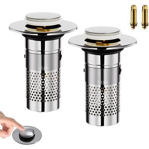 Universal Pop-Up Bathroom Sink Stopper, Stainless Steel Drain Strainer with Removable Filter Basket for 1.1"-2.36" Basin, Push-to-Bounce Core, Bathroom Sink Plug, Hair Catcher, 2 Pack (Abs+stainless-circular Netting)