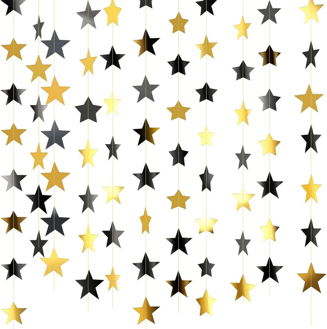 Patelai Glitter Star Garland Banner Decor, 130 Feet Star Hanging Bunting Banner Bright Backdrop for 2025 Graduation Prom Wedding Birthday Christmas Party Supplies(Black, Gold)