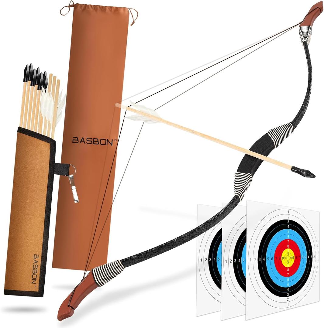 Basbon Kids Bow and Arrow Set, 33 Archery Set Wooden Bow and Arrow, Outdoor Toy Bow and Arrow for Kids 6-8 8-12, 1 Bows 1 Quivers 10 Arrows 3 Targets & Storage Bag, Gifts for Kids Youth Girls Boys (Black)