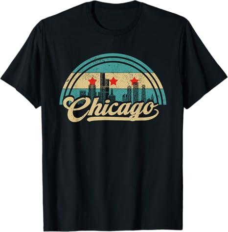 Chicago Flag Skyline Vintage USA Chicago Flag Illinois USA TShirt, Black, M